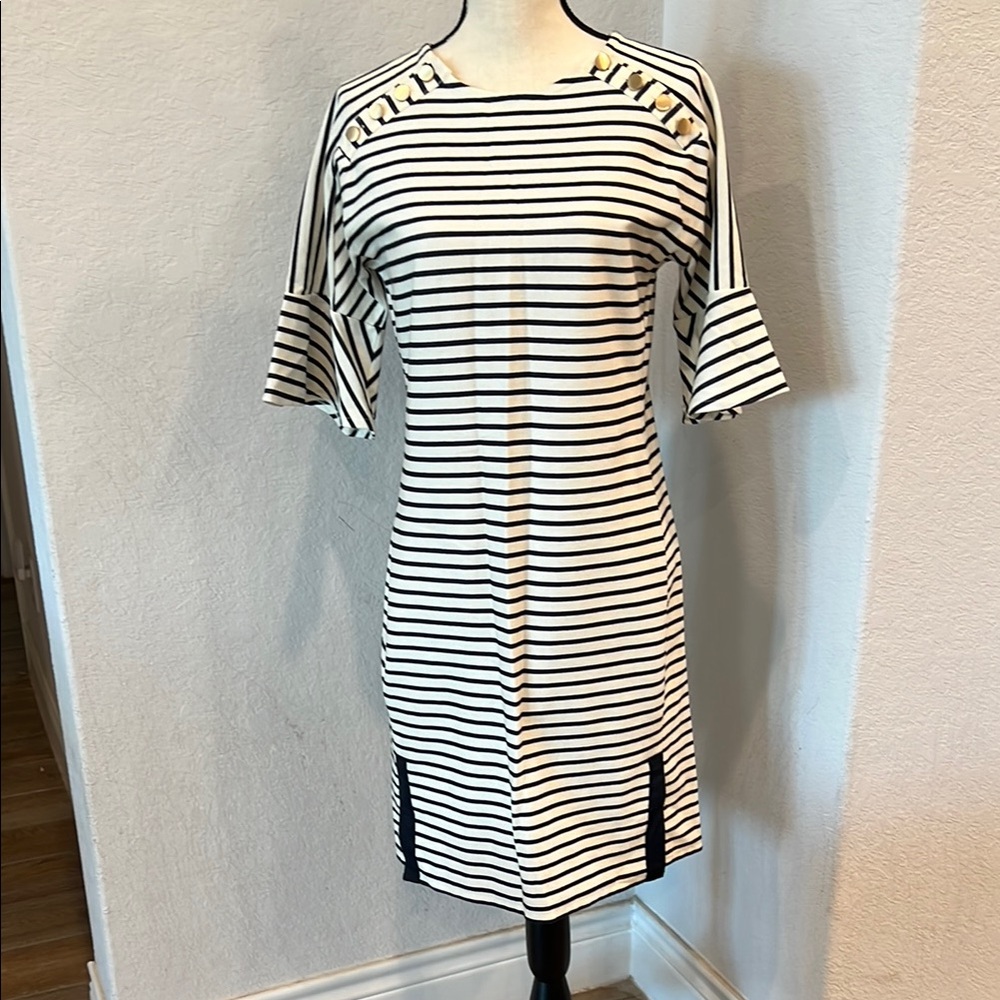 Ann Taylor White and Blue Sheath Midi Dress with Slit